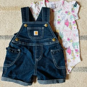 Girls Carhartt overalls and onsie size 6 months